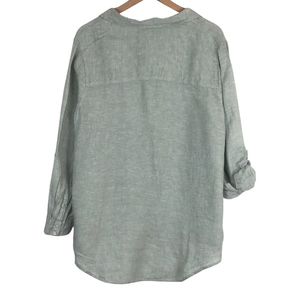 TAHARI 100% Linen Tunic Top Women's Plus Sz 1X Sage Green Roll Tab Lagenlook - Picture 2 of 9
